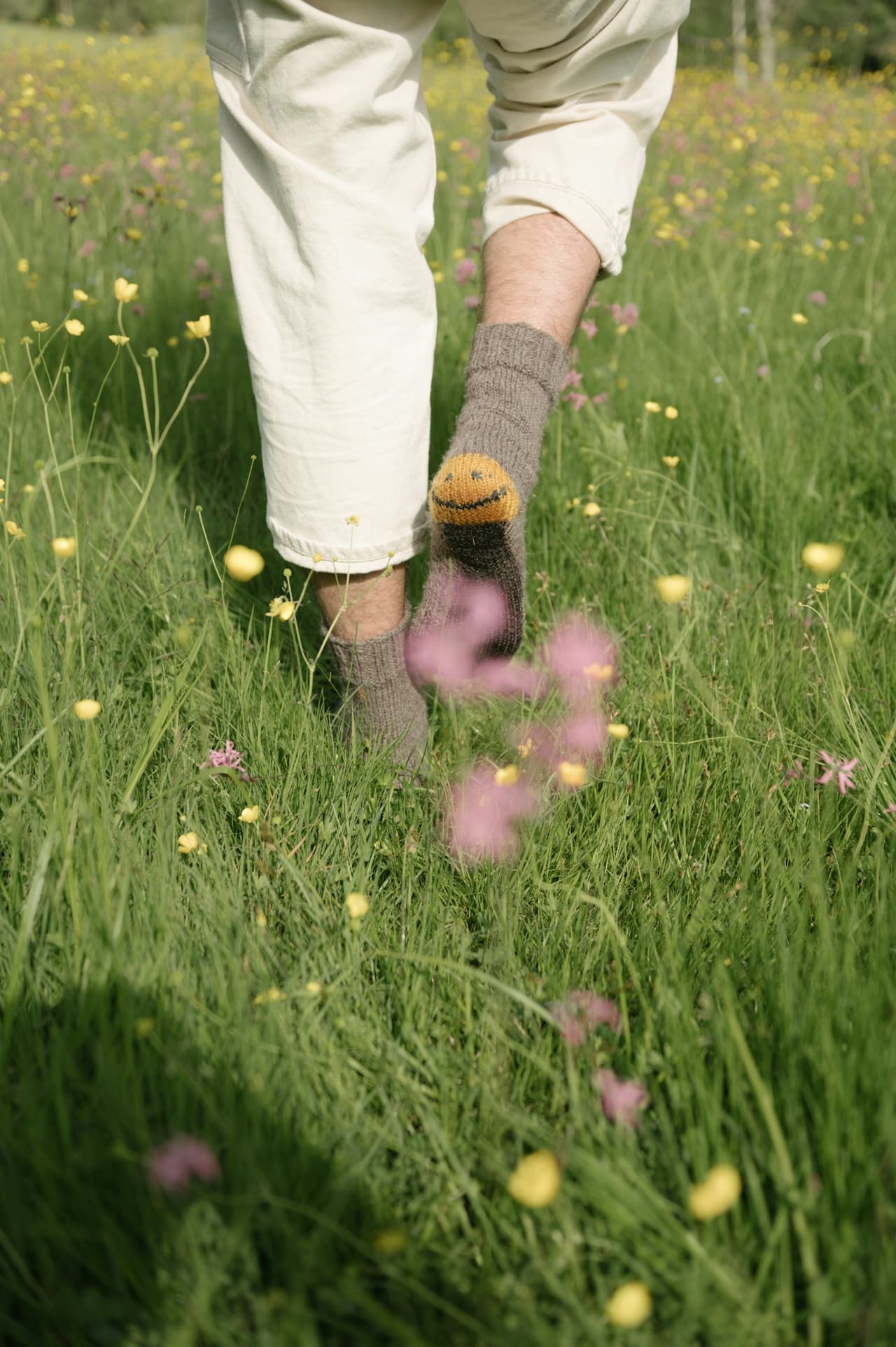 Bare ankles in wool socks walking through a sunlit meadow of buttercups and pink campions